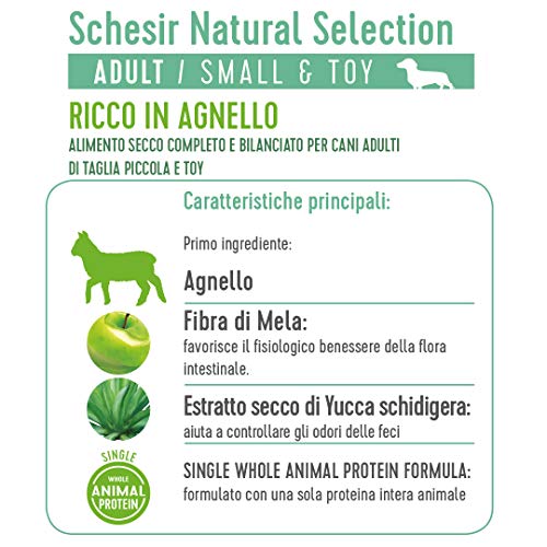 Schesir, Pienso Completo Y Equilibrado para Perros Adultos De Tamaño Pequeño, Línea Natural Selection con Alto Contenido En Cordero, Croquetas - Formato Bolsa De 4,5 Kg