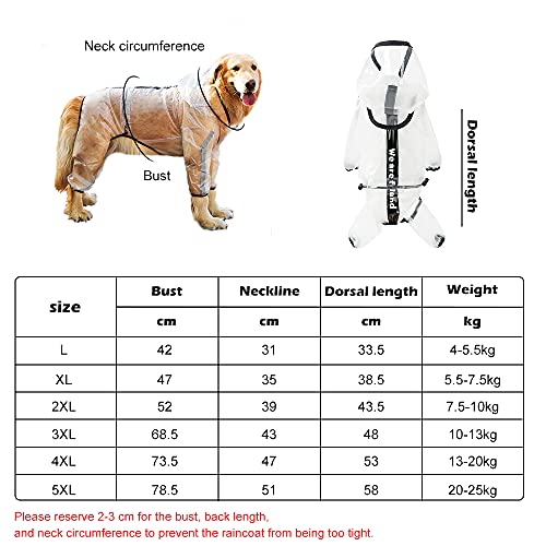 Seahelms Chubasquero para perro, impermeable, con capucha y agujero para arnés y piernas extendidas, transparente ajustable con capucha para perro pequeño, mediano y grande (blanco, XL)