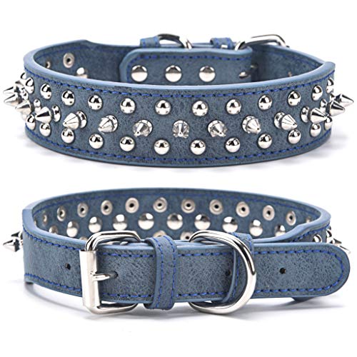 SEKAYISORE Collar de perro ajustable con tachuelas, de piel de microfibra con pinchos para cachorros, collar antimordeduras para perros pequeños, medianos y grandes, azul oscuro L