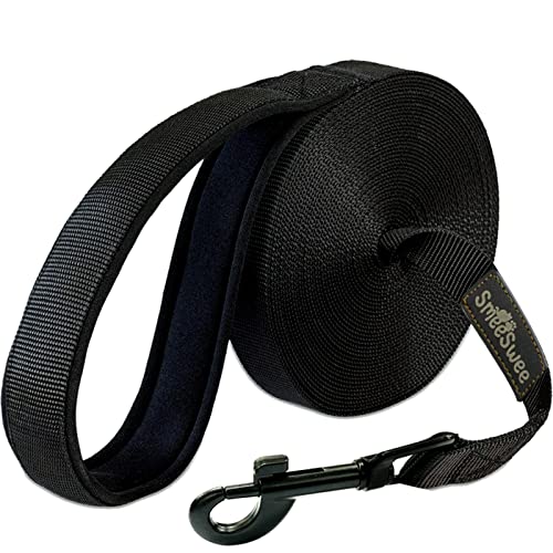 SmeeSwee Correa de arrastre para perros, 10 m, con acolchado de agarre y bolsillo de malla, correa para perros grandes y pequeños, resistente (negro)