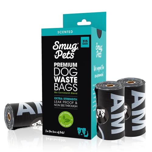 SmugPets 315 Bolsas biodegradables para excrementos con dispensador y Clip para Correa - Extragrandes y perfumadas