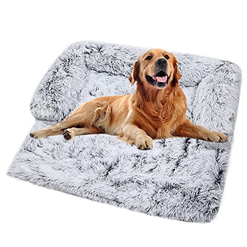 Sofá de felpa ultra suave para perros, cama de perro, mantas medianas y calmantes para gatos, cojines de mascotas lavables desmontables para perros pequeños grandes (90 x 90 x 20 cm, gris)