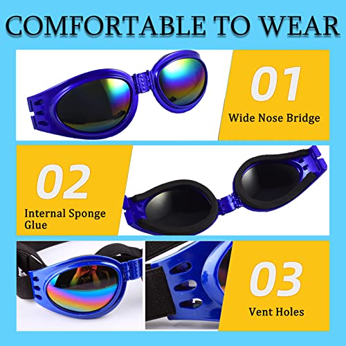 SONERNT Gafas de Sol para Perros con protección UV, Gafas de Perro con Cabeza Ajustable y Correas de Barbilla, protección contra el Desgaste de los Ojos para Perros medianos y Grandes (Azul)