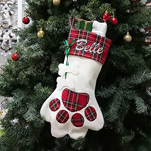 Sopacheer Calcetín Navideño con Pata de Perro Calcetín Navideño Bordado Personalizado, Calcetín con Forma de Pata Bordada con Nombre de Mascota para la Decoración de Fiestas Navideñas Familiares