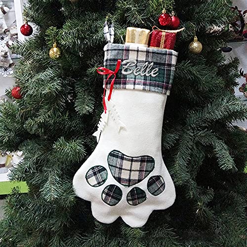 Sopacheer Calcetín Navideño con Pata de Perro Calcetín Navideño Bordado Personalizado, Calcetín con Forma de Pata Bordada con Nombre de Mascota para la Decoración de Fiestas Navideñas Familiares