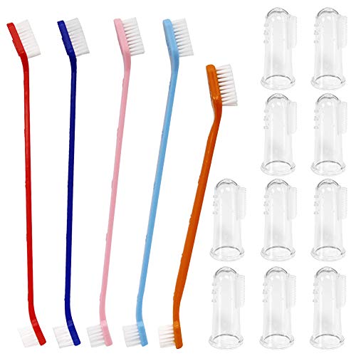 SourceTon Juego de 15, Juego de cepillos de Dientes para Mascotas, Cepillo de Dientes 5 con Cepillo de Dientes de Doble Cabeza y Cepillo de Dientes para 10 Dedos