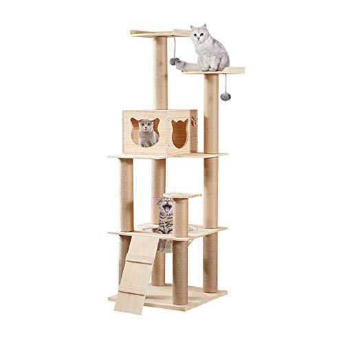 SSCYHT Árbol para Gatos, Torre Madera para Gatos, Centro Actividades para Gatos, Poste Rascador, Casa Juegos para Mascotas con Bola Colgante, Diseño Cápsula Espacial