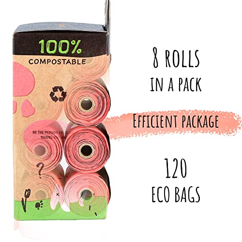 Starchly Bolsas biodegradables para excrementos de perro ecológicas a prueba de fugas, 120 bolsas (8 rollos de 15 unidades), color rosa