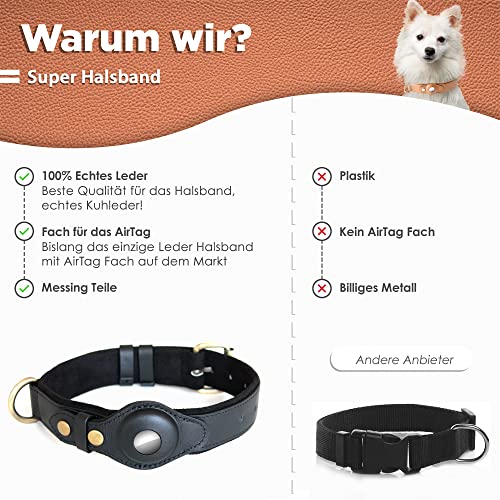 Steinweber Collar de perro con compartimento para AirTag, talla M, circunferencia de 32 a 45 cm, cuero auténtico, acolchado, ajustable, resistente, funda para AirTag – Negro