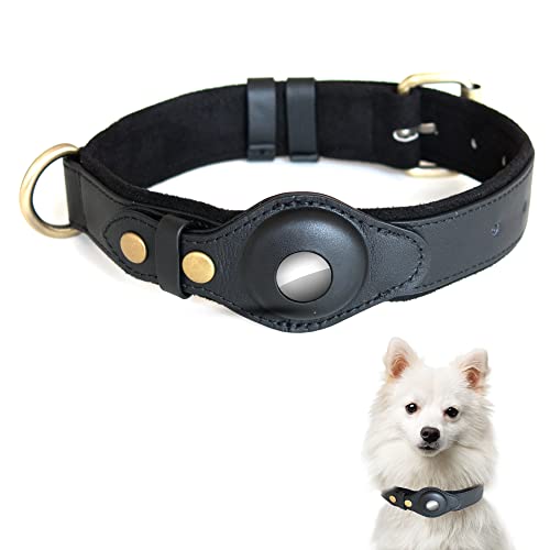 Steinweber Collar de perro con compartimento para AirTag, talla M, circunferencia de 32 a 45 cm, cuero auténtico, acolchado, ajustable, resistente, funda para AirTag – Negro