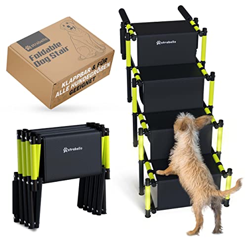 STRABELLO Escalera para perros prémium con reflectores de neón, para perros pequeños y grandes, rampa para perros, escalera para perros, plegable, adecuada para casi todos los coches