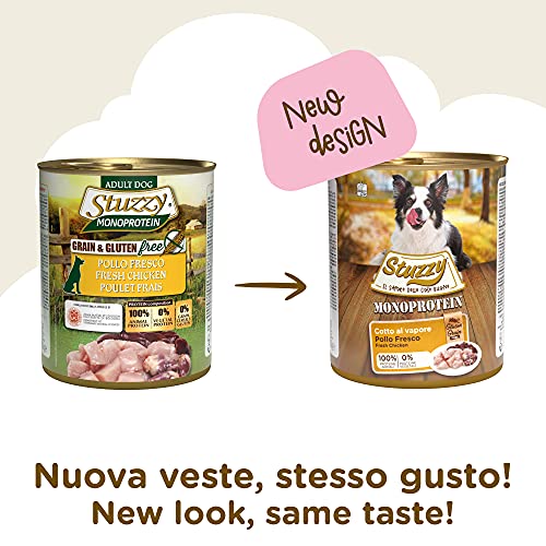 Stuzzy, Comida húmeda para Perros Adultos, Sabor Pollo, preparación monoproteínica en paté - Total 4,8 kg (6 latas x 800 gr)