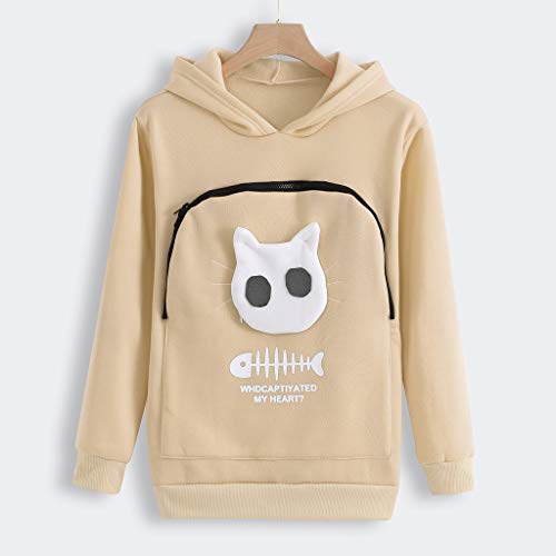 Sudadera con capucha para mujer con capucha de animal para llevar gato transpirable, cuello redondo, manga larga, con capucha, beige, L