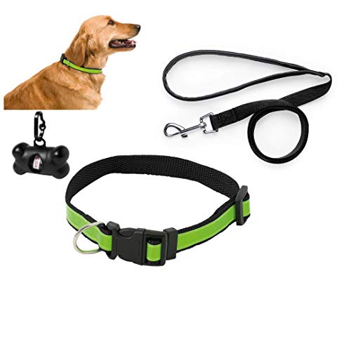 Sudepets- Collar para Perros Reflectante con Correa Larga y dispensador de Bolsas de Caca . Tres Piezas indispensables para Cualquier Paseo con tu Mascota Negro