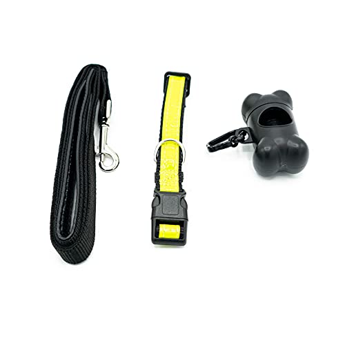 Sudepets- Collar para Perros Reflectante con Correa Larga y dispensador de Bolsas de Caca . Tres Piezas indispensables para Cualquier Paseo con tu Mascota Negro