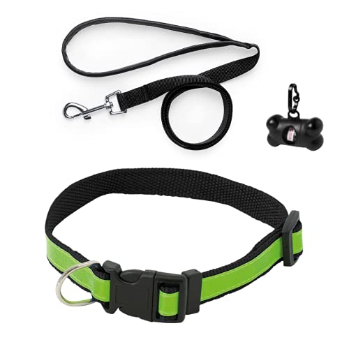 Sudepets- Collar para Perros Reflectante con Correa Larga y dispensador de Bolsas de Caca . Tres Piezas indispensables para Cualquier Paseo con tu Mascota Negro