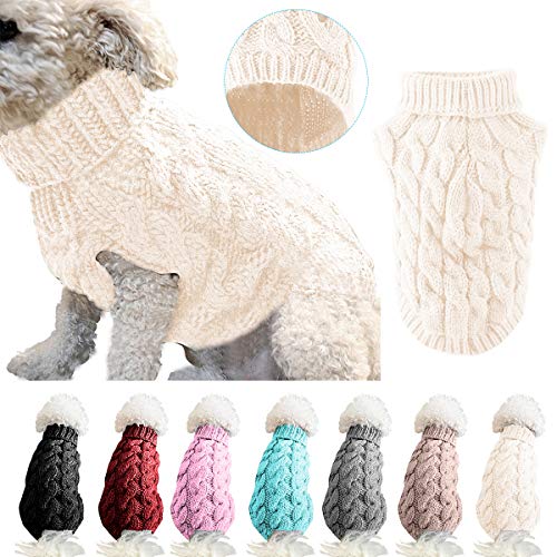 Suéter de punto de cuello alto para perros y mascotas, abrigo de invierno, más cálido y grueso, ropa de ganchillo para perros pequeños, medianos, grandes, cachorros, gatos (L, blanco)