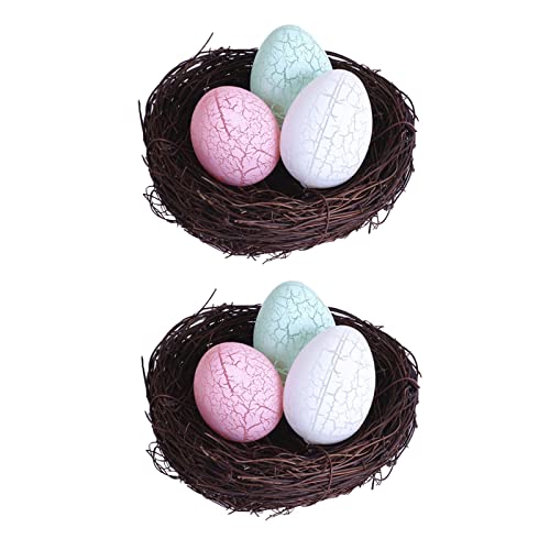 SUFUBAI 2 juegos de nido de pájaro de Pascua artificial con huevos claros, nido de pájaro decorativo iluminado huevos de pájaro para Pascua interior y exterior jardín decoración de patio