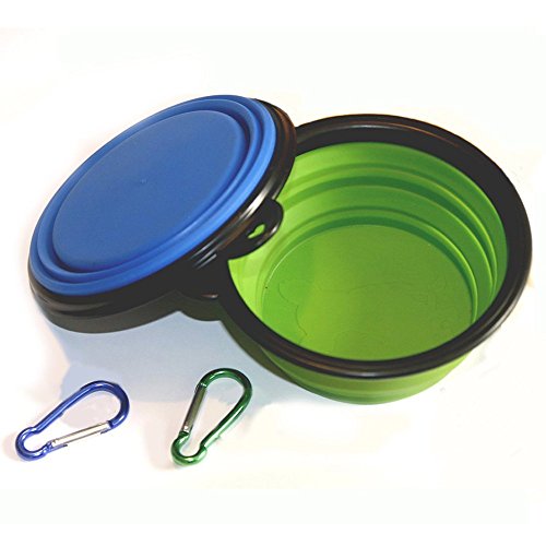 Sunnysam Tazón Plegable para Perros, Plato de Taza Extensible Plegable para Mascotas Comida para Gatos Alimentación de Agua Tazón de Viaje portátil Mosquetón Gratis (- Verde + BLU)