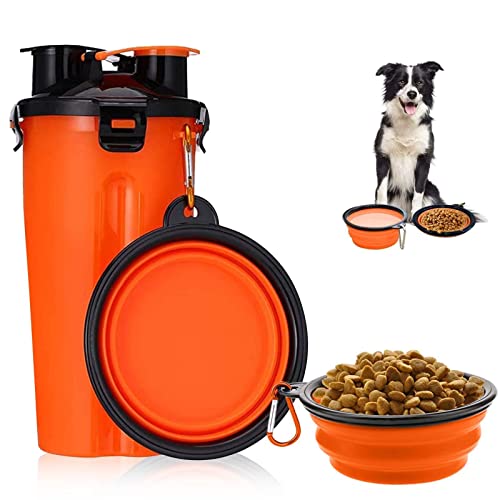 Sunshine smile Comida para Perros 2 en 1,Portatil Envase Comida para Perros,Botella para Perros,Botella de Agua para Perros,Envase de Comida para Perros(Naranja)