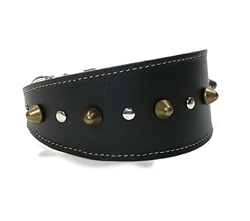 Superpipapo Collar de Cuero Negro para Galgo, Podenco, Whippet y Teckel con Pinchos, Todas Las Tallas, Correa Opcional, Piel de Calidad, Diseño Hecho a Mano, 45 cm Galgo: Cuello 33-38 cm, Ancho 55mm