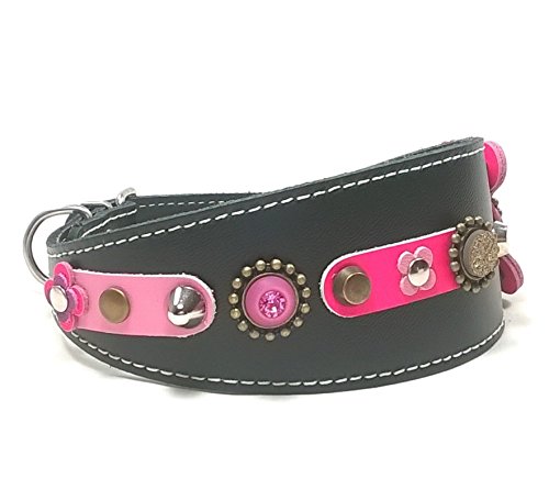 Superpipapo Original Collar de Cuero para Galgo, Podenco, Whippet y Teckel, Diseño Exclusivo con una Grande Flor Rosa Fucsia, 40 cm Galgo: Cuello 29-34 cm, Ancho 55mm