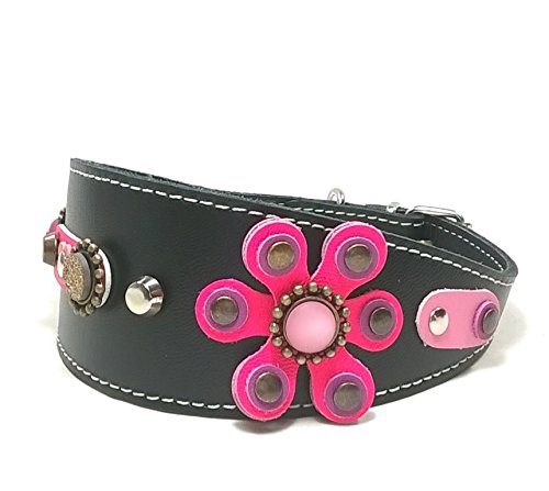 Superpipapo Original Collar de Cuero para Galgo, Podenco, Whippet y Teckel, Diseño Exclusivo con una Grande Flor Rosa Fucsia, 40 cm Galgo: Cuello 29-34 cm, Ancho 55mm