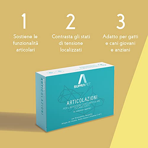 Suprapet Articulaciones para Perros y Gatos - Soporte para Huesos y Cartílago 30 tabletas - Alimento complementario natural con glucosamina Boswelia, condroitina, MSM y garra del diablo, vitamina C