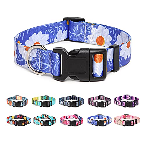 Suredoo Collar Perro, Ajustable y Resistente con Patrones de Moda, Collar Nylon Cómodos para Perros Pequeños Medianos Grandes, Cachorros (S, Margarita)