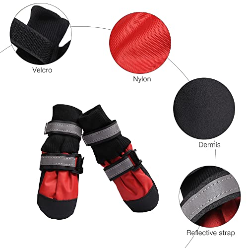 Swetup Botas Impermeables para Perros, Botas Antideslizantes para Perros Zapatos Protección de Patas para Perros con Correa Reflectante y Banda Elástica para Perros Medianos y Grandes (M, Rojo)