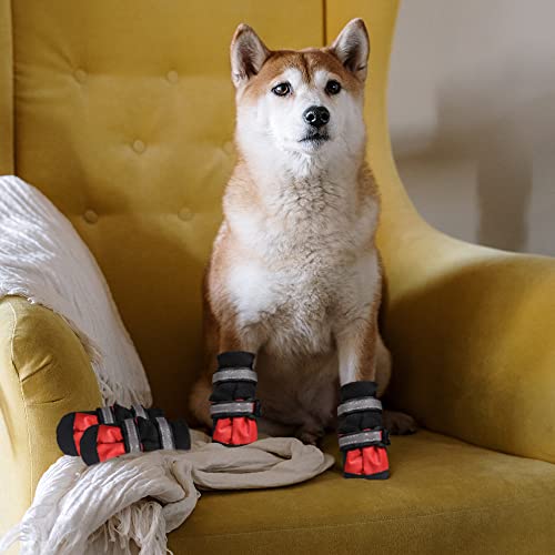 Swetup Botas Impermeables para Perros, Botas Antideslizantes para Perros Zapatos Protección de Patas para Perros con Correa Reflectante y Banda Elástica para Perros Medianos y Grandes (M, Rojo)