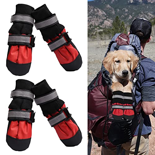 Swetup Botas Impermeables para Perros, Botas Antideslizantes para Perros Zapatos Protección de Patas para Perros con Correa Reflectante y Banda Elástica para Perros Medianos y Grandes (M, Rojo)