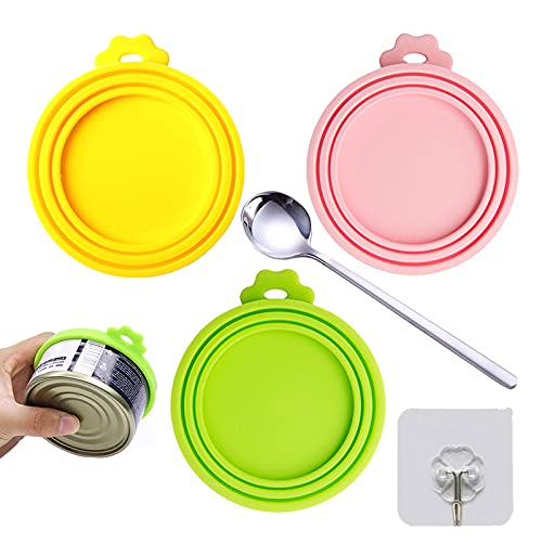 SwirlColor Tapas Latas Gato, Tapas de Estaño para Mascotas Cubiertas de Silicona para Comida para Perros de Gato 3 Piezas, con Cuchara de Acero Inoxidable 1 Piezas, Gancho Transparente 1 Piezas