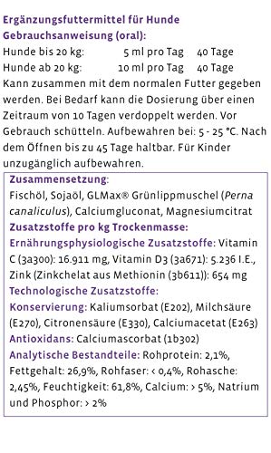 Synopet Flex-Dog con la mejilla de labios verde líquida GLMax®, ácidos grasos omega-3, calcio y magnesio, vitamina D3.