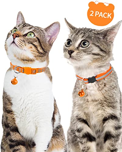 Taglory Collar Gato Reflectante, 2 Piezas Collares para Gatos con Cascabeles y Hebilla Seguro de Liberación Rápida, 19-32cm Naranja