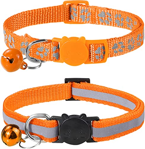 Taglory Collar Gato Reflectante, 2 Piezas Collares para Gatos con Cascabeles y Hebilla Seguro de Liberación Rápida, 19-32cm Naranja