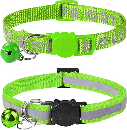 Taglory Collar Gato Reflectante, 2 Piezas Collares para Gatos con Cascabeles y Hebilla Seguro de Liberación Rápida, 19-32cm Verde