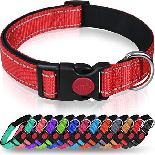 Taglory Collar Perro, Collar Nylon Reflectante Neopreno Forrado Ajustable para Perros Cachorro, Rojo