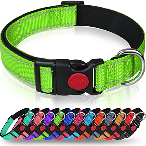 Taglory Collar Perro, Collar Nylon Reflectante Neopreno Forrado Ajustable para Perros Extra Grandes, Verde