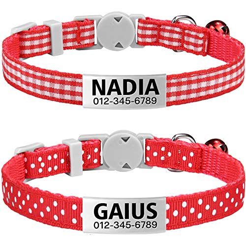 TagME Antiahogo Collar Gato, Collar para Gato Personalizado con Campana y Hebilla Seguro de Liberación Rápida, Rojo,2 Paquetes