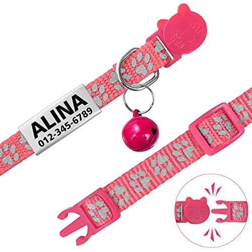 TagME Collar de Gato Personalizado, Reflectante Collares para Gatos con Cascabeles y Hebilla Seguro de Liberación Rápida, 2 Piezas Rosa