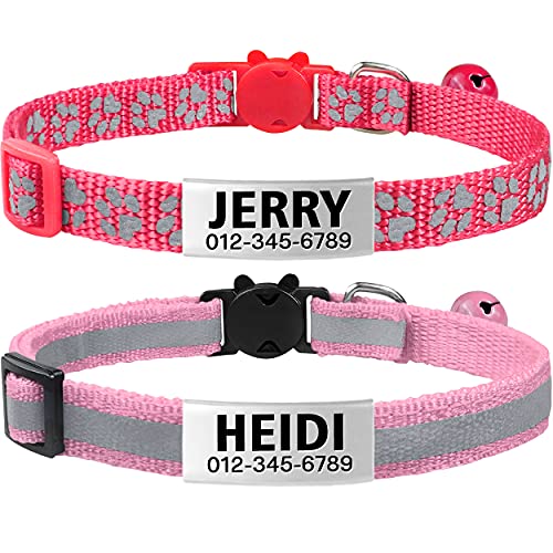 TagME Collar de Gato Personalizado, Reflectante Collares para Gatos con Cascabeles y Hebilla Seguro de Liberación Rápida, 2 Piezas Rosa