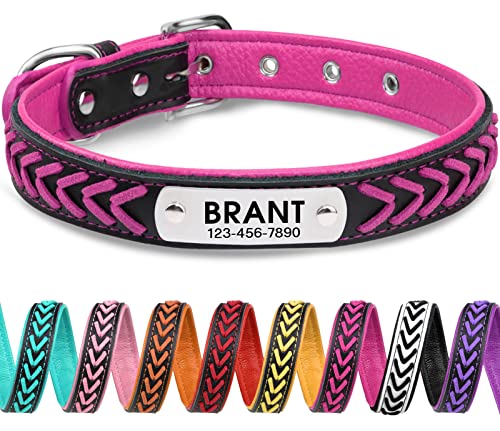 TagME Collares Perros Personalizados,Trenzado Collar Perro Cuero para Perros Medianos,Placa de Identificación de Acero Inoxidable con Nombre y Número de Teléfono Grabados,Rosa Brillante M 1 Unidad