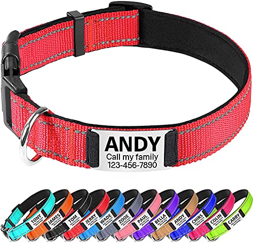 TagME Personalizado Nylon Collares para Perros, Ajustable Reflectante Collar Perro con Acolchados, Etiqueta de Acero Inoxidable Nombre Grabado y Número de Teléfono, Rojo