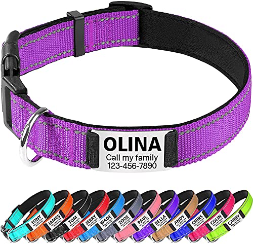 TagME Personalizado Nylon Collares para Perros, Ajustable Reflectante Collar Perro con Acolchados, Etiqueta de Acero Inoxidable Nombre Grabado y Número de Teléfono, Morado