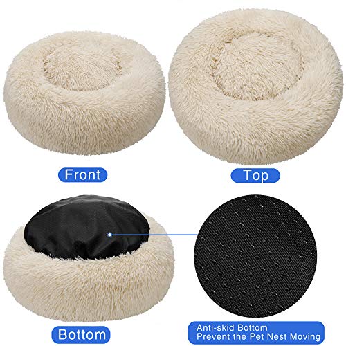 TAMOWA Cama Perro Suave Cama Gato Redonda, Camas de Gatos Perros de Donut con Parte Inferior Antideslizante, Cómodo Suave y Cálida Cama para Mascotas Gatos y Perros Pequeños, 80cm, Beige