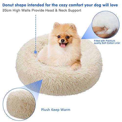 TAMOWA Cama Perro Suave Cama Gato Redonda, Camas de Gatos Perros de Donut con Parte Inferior Antideslizante, Cómodo Suave y Cálida Cama para Mascotas Gatos y Perros Pequeños, 80cm, Beige