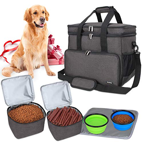 Teamoy Bolsa de Viaje para Perro, Bolsa de Viaje para Perro con 2 tazones Plegables de Silicona, 2 Almacenamiento de Alimentos, 1 Estera de Platos (Grande, Negro)