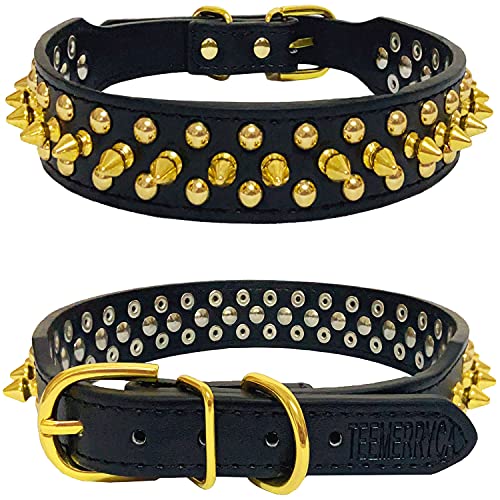 teemerryca Collar de cuero negro para perro con puntas doradas para niños pequeños, medianos y grandes, Pit Bulldog, mantiene al perro seguro de agarrar por perros enormes, XXL (19.7 a 22.6 pulgadas)