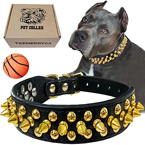 teemerryca Collar de cuero negro para perro con puntas doradas para niños pequeños, medianos y grandes, Pit Bulldog, mantiene al perro seguro de agarrar por perros enormes, XXL (19.7 a 22.6 pulgadas)